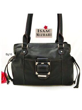 Isaac Mizrahi Black Leather Shoulder Bag Handbag Tote Satchel Magnet Drawstrings